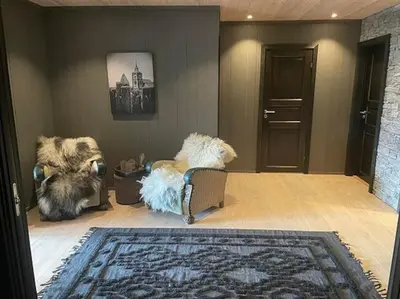 a living room with a chair and a rug at Hovden Alpin Lodge! Ski in out in Hovden