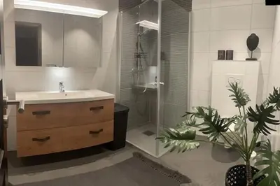 a bathroom with a sink and a shower at Hovden Alpin Lodge! Ski in out in Hovden