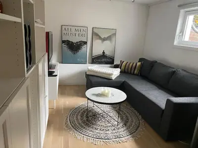 a living room with a black couch and a table at Trondheim sentrum, Lade - Nyhavna, gratis parkering in Trondheim