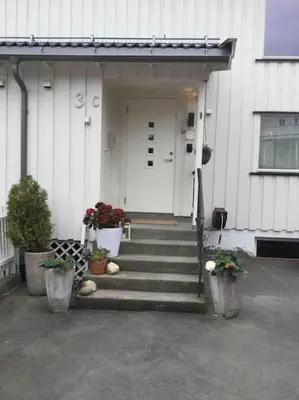 a front door of a house with stairs and potted plants at Trondheim sentrum, Lade - Nyhavna, gratis parkering in Trondheim
