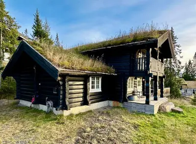 a log cabin with a grass roof at Log cabin in Hafjell with ski in ski out, sauna and view in Hafjell