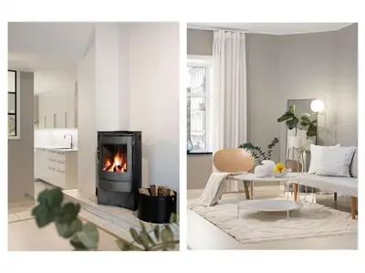 two images of a living room with a fireplace at Stor leilighet i Bergen sentrum! in Bergen