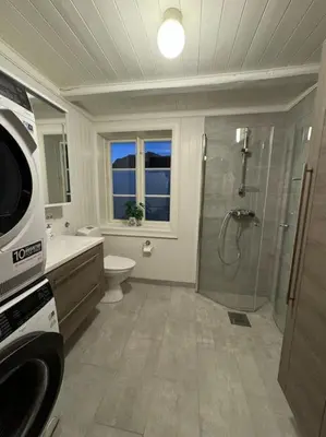 a bathroom with a shower and a toilet and a sink at Nyrestaurert hus fra 1700-tallet in Bjørgo