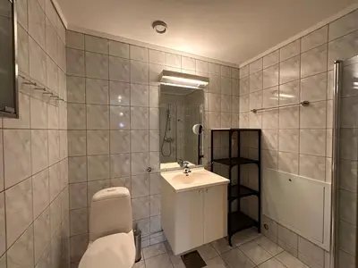 a bathroom with a sink and a toilet and a shower at Cozy 3 Bedroom, Terrace, Pets Welcome in Beitostøl