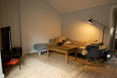 a living room with a couch and a table at Cozy apartment close to the ski resort in Oppdal