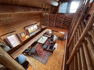 an overhead view of a living room in a log cabin at Familiehytte Med Peis Og Badstu I Sentrum in Beitostøl
