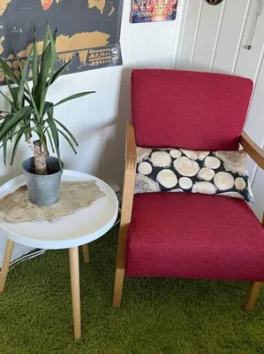 a red chair and a table with a potted plant at Eget rom og bad med delt kjøkken, 15 minutter fra Trondheim in Malvik