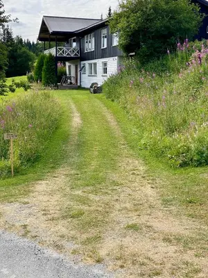 a house on a hill with a dirt road in front at Leilighet i enebolig in Fagernes