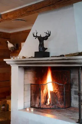 a fireplace with a deer statue on top of it at Tørvis Hotell in Luster