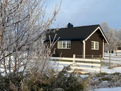 a house with a black roof in the snow at Tørresvangen in Tynset