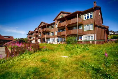 a large building on top of a grass field at Spacious Stay With 3 Bedrooms And 2 Baths in Beitostøl