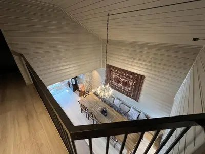 an overhead view of a living room with a table at Large Balcony With Panoramic Mountain Views in Beitostøl