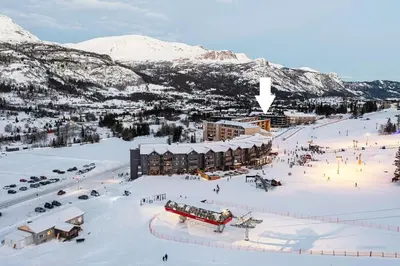 an aerial view of a ski resort in the snow at Helt ny leilighet ski in- ski out i Hemsedal in Hemsedal
