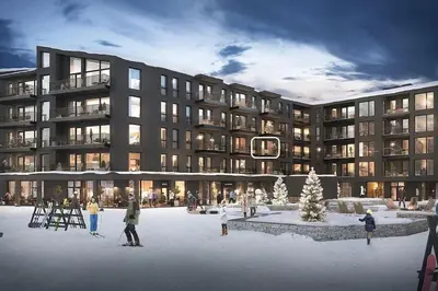 a rendering of a building with skiers in front of it at Helt ny leilighet ski in- ski out i Hemsedal in Hemsedal