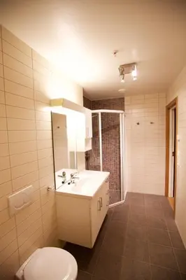 a bathroom with a white sink and a toilet at Bright 2-Bedroom With Terrace And Fireplace in Beitostøl