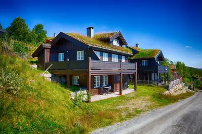 a large house with a grass roof on a hill at Apartment By Cross-Country And Alpine Slopes in Beitostøl