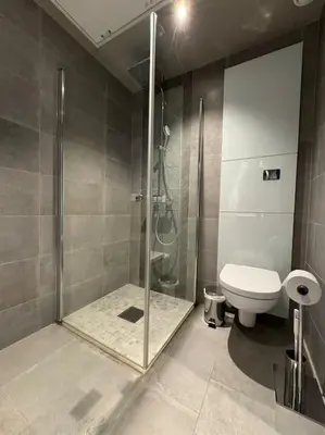 a bathroom with a shower and a toilet at Riddertunets hygge in Beitostøl