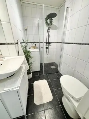 a white bathroom with a toilet and a sink at Sentral og koselig leilighet i Trondheim in Trondheim