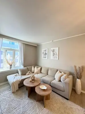 a living room with a couch and a table at Sentral og koselig leilighet i Trondheim in Trondheim
