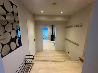 a hallway of a house with a view of the ocean at Amazing View in Stranda