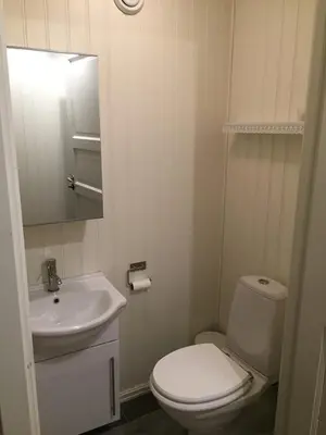 a bathroom with a white toilet and a sink at Exclusive three-story villa near the ski center in Trondheim