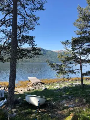 a boat sitting on the shore of a lake at PARADISET - a beautiful pearl 1,45 minutes from Trondheim in Surnadal