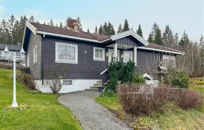 a black house with a pathway in front of it at Lovely Home In Lena With Wifi