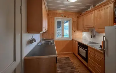 a kitchen with wooden cabinets and a sink and a window at Awesome Home In Lillehammer With Sauna in Lillehammer