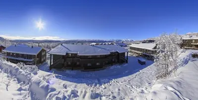 an aerial view of a building covered in snow at A Family-Friendly, Pet-Friendly Getaway In Beitostølen Center in Beitostøl
