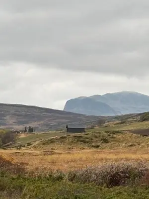 a barn in a field with mountains in the background at Pen hytte nær Ål in Liagardane