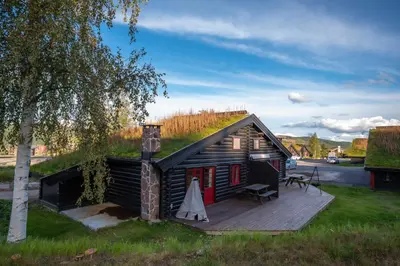 a small cabin with a grass roof with a deck at Vikinggrenda 21B in Trysil