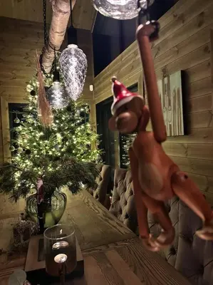 a living room with a christmas tree and a toy dog at Panorama ski inn out, jacuzzi,Badstu in Kvam