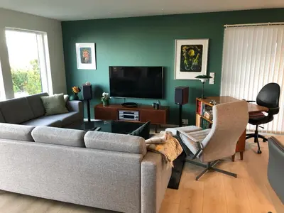 a living room with a couch and a television at Sjarmerende enebolig in Trondheim