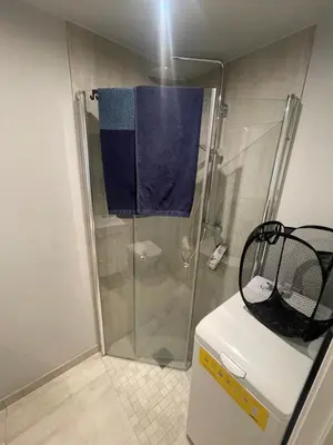 a shower with a glass door next to a washing machine at Bingo apartaments in Hønefoss