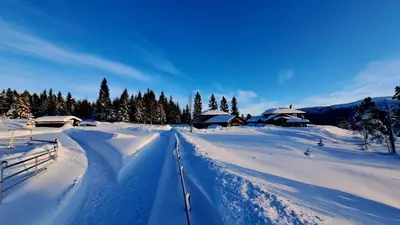 a road covered in snow in front of houses at Stallen in Heggem