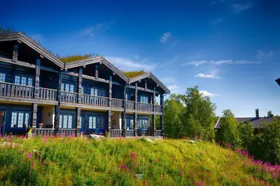a large building with a field of flowers in front of it at Mountain Escape With Modern Amenities in Beitostøl