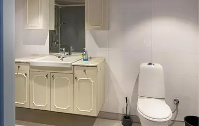 a white bathroom with a toilet and a sink at Beautiful Home In Fjørtoft With Wifi in Fjørtoft