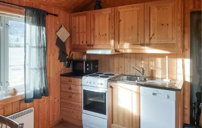 a kitchen with wooden cabinets and a stove and a sink at Stunning Home In Fåvang With Wifi in Favang
