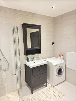 a bathroom with a sink and a washing machine at Cozy apartment near ski attractions in Geilo
