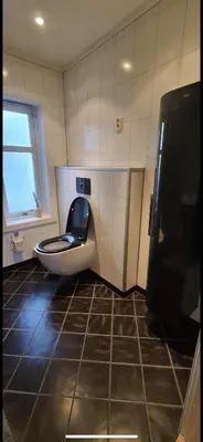 a bathroom with a toilet in the middle of a room at Odda Central Apartment in Odda