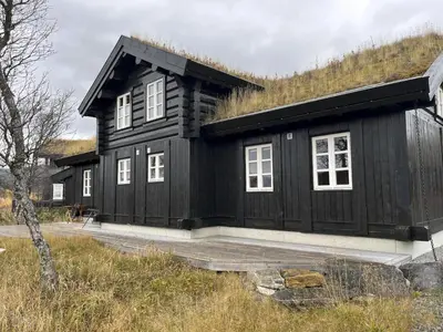 a black house with a grass roof at Cozy Cabin With Ski Trail Access in Beitostøl