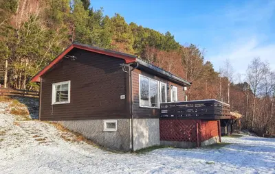 a small house in the snow in the woods at Stunning Home In Øydegard in Nastad