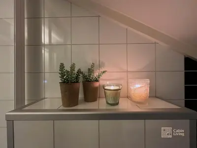 two potted plants and a candle on a shelf at Modern apartment Hovden ski in-out x-skiing, 2 bathrooms and balcony in Hovden