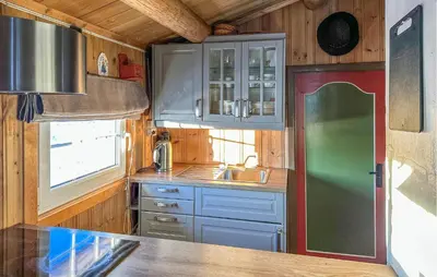 a kitchen with a green refrigerator and a sink at Lovely Home In Sjusjøen With Wifi in Sjusjøen