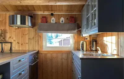 a kitchen with blue cabinets and a window in it at Lovely Home In Sjusjøen With Wifi in Sjusjøen