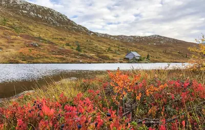 a lake with a house in the middle of a mountain at Stunning Home In Flå With Sauna in Skadeland