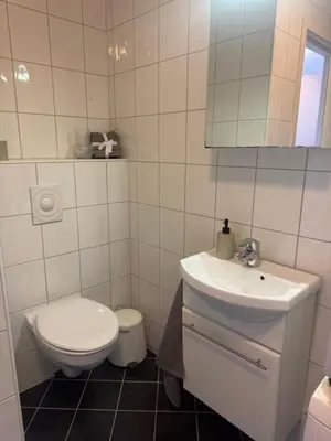 a white bathroom with a toilet and a sink at Sentrumsnær trivelig leilighet in Bergen