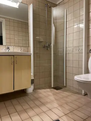 a bathroom with a shower and a sink and a toilet at Geilo sentrumsnær leilighet in Geilo