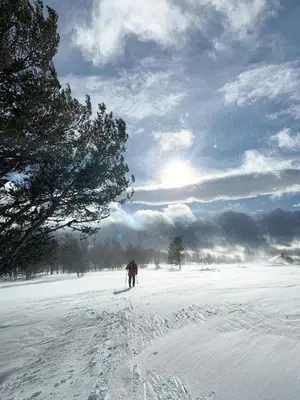 a person is cross country skiing in the snow at Cozy Cabin With Fantastic Mountain Views In Oppheimåsen in Torpo