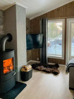 a living room with a fireplace and a tv at Cozy Modern Cabin Near Sjusjøen in Mesnali